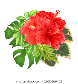 Bouquet with tropical flowers floral arrangement, with beautiful pink hibiscus, Schefflera ,philodendron and ficus natural background vintage vector illustration  editable hand draw 
