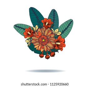 bouquet of tropical flowers, hand drawing, isolated on white background with shadow, vector