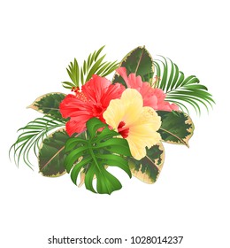 Bouquet with tropical flowers Hawaiian style floral arrangement, with beautiful pink and yellow hibiscus, palm,philodendron and ficus vintage vector illustration  editable hand draw 