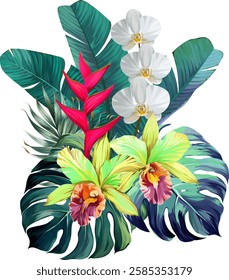 Bouquet of tropical flowers. Hibiscus, orchid, paradise flowers. exotic, tropical