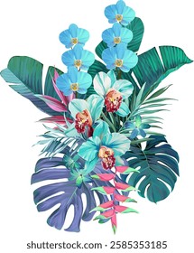 Bouquet of tropical flowers. Hibiscus, orchid, paradise flowers. exotic, tropical