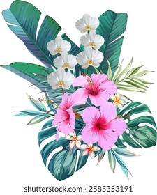 Bouquet of tropical flowers. Hibiscus, orchid, paradise flowers. exotic, tropical