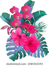 Bouquet of tropical flowers. Hibiscus, orchid, paradise flowers. exotic, tropical