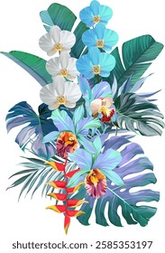 Bouquet of tropical flowers. Hibiscus, orchid, paradise flowers. exotic, tropical