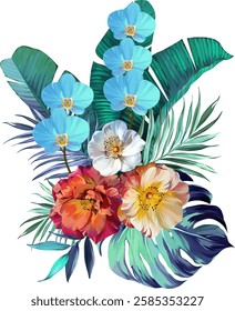 Bouquet of tropical flowers. Hibiscus, orchid, paradise flowers. exotic, tropical