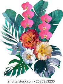 Bouquet of tropical flowers. Hibiscus, orchid, paradise flowers. exotic, tropical