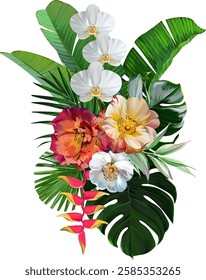 Bouquet of tropical flowers. Hibiscus, orchid, paradise flowers. exotic, tropical