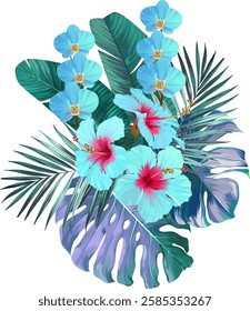 Bouquet of tropical flowers. Hibiscus, orchid, paradise flowers. exotic, tropical