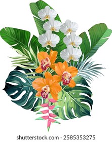 Bouquet of tropical flowers. Hibiscus, orchid, paradise flowers. exotic, tropical