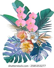 Bouquet of tropical flowers. Hibiscus, orchid, paradise flowers. exotic, tropical
