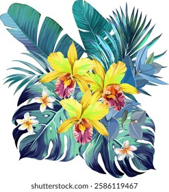 Bouquet of tropical flowers. Hibiscus, orchid, paradise flowers. exotic, tropical