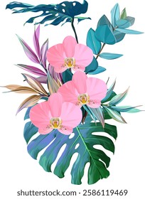 Bouquet of tropical flowers. Hibiscus, orchid, paradise flowers. exotic, tropical