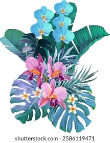 Bouquet of tropical flowers. Hibiscus, orchid, paradise flowers. exotic, tropical