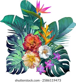 Bouquet of tropical flowers. Hibiscus, orchid, paradise flowers. exotic, tropical