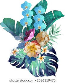 Bouquet of tropical flowers. Hibiscus, orchid, paradise flowers. exotic, tropical