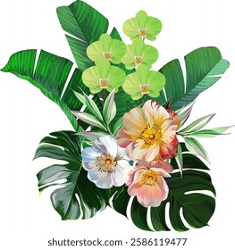 Bouquet of tropical flowers. Hibiscus, orchid, paradise flowers. exotic, tropical