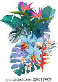 Bouquet of tropical flowers. Hibiscus, orchid, paradise flowers. exotic, tropical