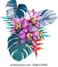 Bouquet of tropical flowers. Hibiscus, orchid, paradise flowers. exotic, tropical