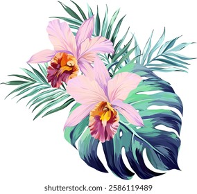 Bouquet of tropical flowers. Hibiscus, orchid, paradise flowers. exotic, tropical