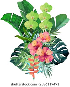 Bouquet of tropical flowers. Hibiscus, orchid, paradise flowers. exotic, tropical