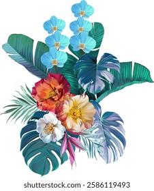 Bouquet of tropical flowers. Hibiscus, orchid, paradise flowers. exotic, tropical