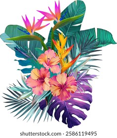 Bouquet of tropical flowers. Hibiscus, orchid, paradise flowers. exotic, tropical