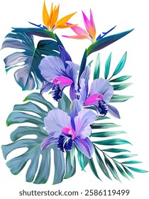 Bouquet of tropical flowers. Hibiscus, orchid, paradise flowers. exotic, tropical