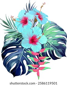 Bouquet of tropical flowers. Hibiscus, orchid, paradise flowers. exotic, tropical