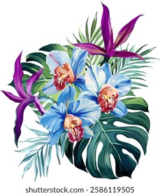 Bouquet of tropical flowers. Hibiscus, orchid, paradise flowers. exotic, tropical