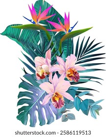 Bouquet of tropical flowers. Hibiscus, orchid, paradise flowers. exotic, tropical