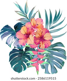 Bouquet of tropical flowers. Hibiscus, orchid, paradise flowers. exotic, tropical