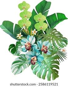 Bouquet of tropical flowers. Hibiscus, orchid, paradise flowers. exotic, tropical