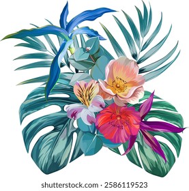 Bouquet of tropical flowers. Hibiscus, orchid, paradise flowers. exotic, tropical