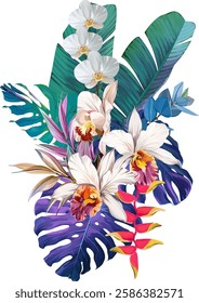 Bouquet of tropical flowers. Hibiscus, orchid, paradise flowers. exotic, tropical