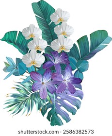 Bouquet of tropical flowers. Hibiscus, orchid, paradise flowers. exotic, tropical