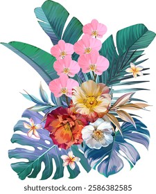 Bouquet of tropical flowers. Hibiscus, orchid, paradise flowers. exotic, tropical