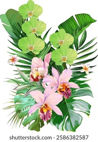 Bouquet of tropical flowers. Hibiscus, orchid, paradise flowers. exotic, tropical