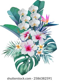 Bouquet of tropical flowers. Hibiscus, orchid, paradise flowers. exotic, tropical