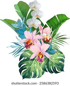 Bouquet of tropical flowers. Hibiscus, orchid, paradise flowers. exotic, tropical