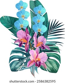 Bouquet of tropical flowers. Hibiscus, orchid, paradise flowers. exotic, tropical