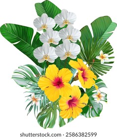 Bouquet of tropical flowers. Hibiscus, orchid, paradise flowers. exotic, tropical