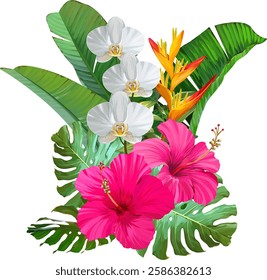 Bouquet of tropical flowers. Hibiscus, orchid, paradise flowers. exotic, tropical