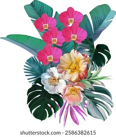 Bouquet of tropical flowers. Hibiscus, orchid, paradise flowers. exotic, tropical