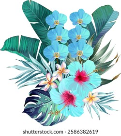 Bouquet of tropical flowers. Hibiscus, orchid, paradise flowers. exotic, tropical