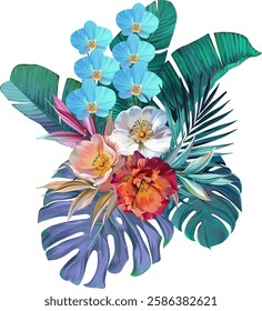 Bouquet of tropical flowers. Hibiscus, orchid, paradise flowers. exotic, tropical