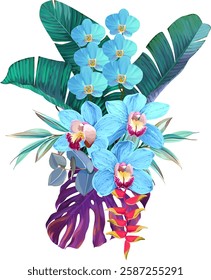 Bouquet of tropical flowers. Hibiscus, orchid, paradise flowers. exotic, tropical