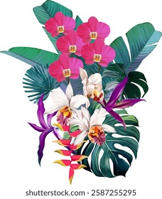 Bouquet of tropical flowers. Hibiscus, orchid, paradise flowers. exotic, tropical