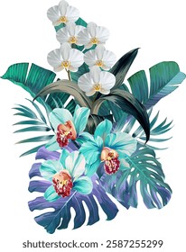 Bouquet of tropical flowers. Hibiscus, orchid, paradise flowers. exotic, tropical