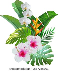 Bouquet of tropical flowers. Hibiscus, orchid, paradise flowers. exotic, tropical