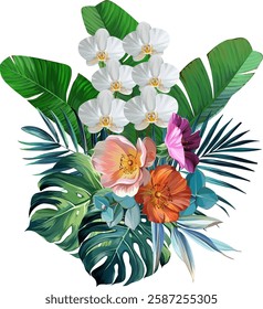 Bouquet of tropical flowers. Hibiscus, orchid, paradise flowers. exotic, tropical